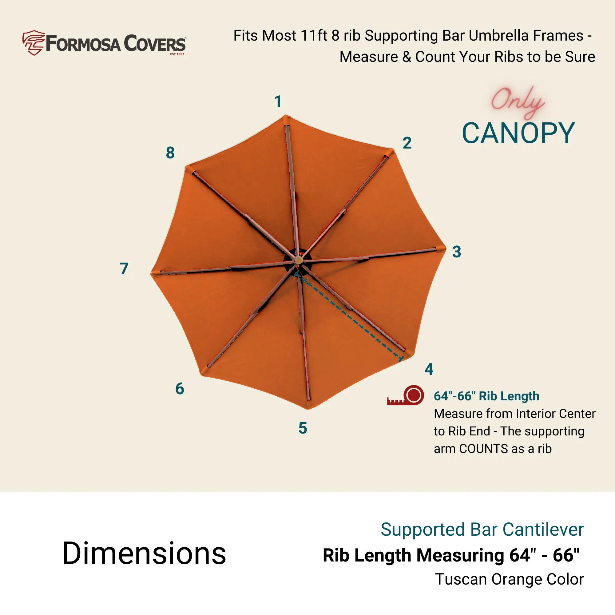 11ft Cantilever Supported Bar Umbrella 8 Rib Replacement Canopy Tuscan Orange