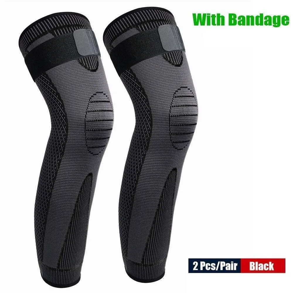 1pair Extra Long Sports Compression Leg Sleeves with Elastic Straps for Basketball Football