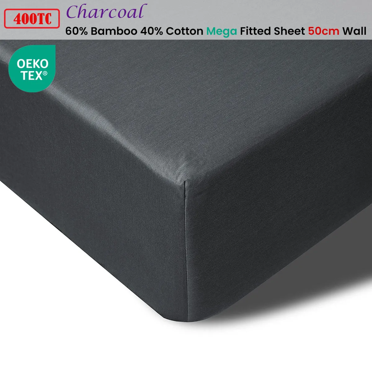 400TC Charcoal Bamboo Cotton Mega/Super Fitted Sheet | 50cm Wall | Queen