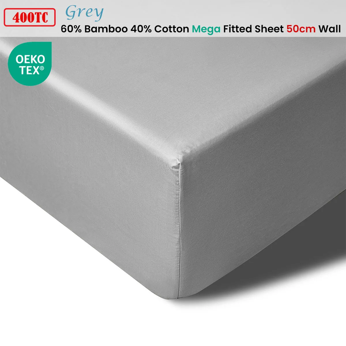 400TC Grey Bamboo Cotton Mega/Super Fitted Sheet | 50cm Wall | Queen