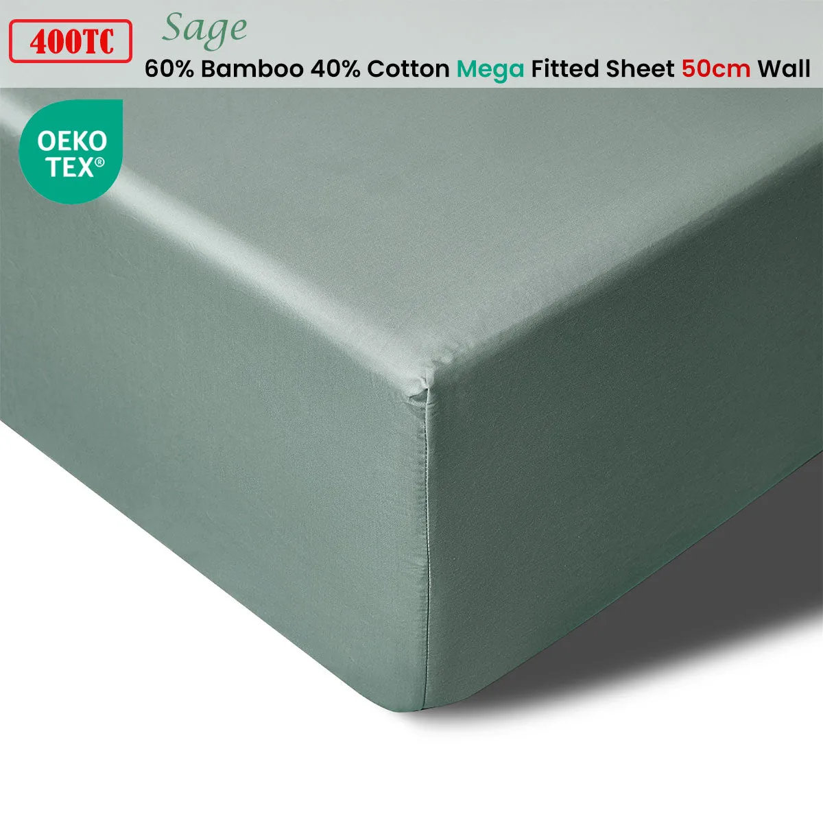 400TC Sage Bamboo Cotton Mega/Super Fitted Sheet | 50cm Wall | Queen