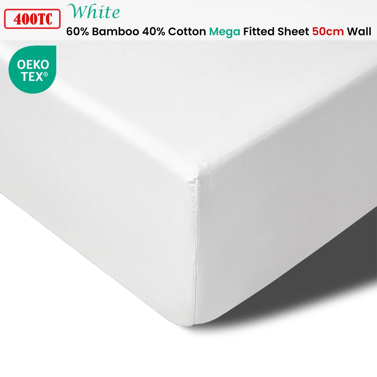 400TC White Bamboo Cotton Mega/Super Fitted Sheet | 50cm Wall | King