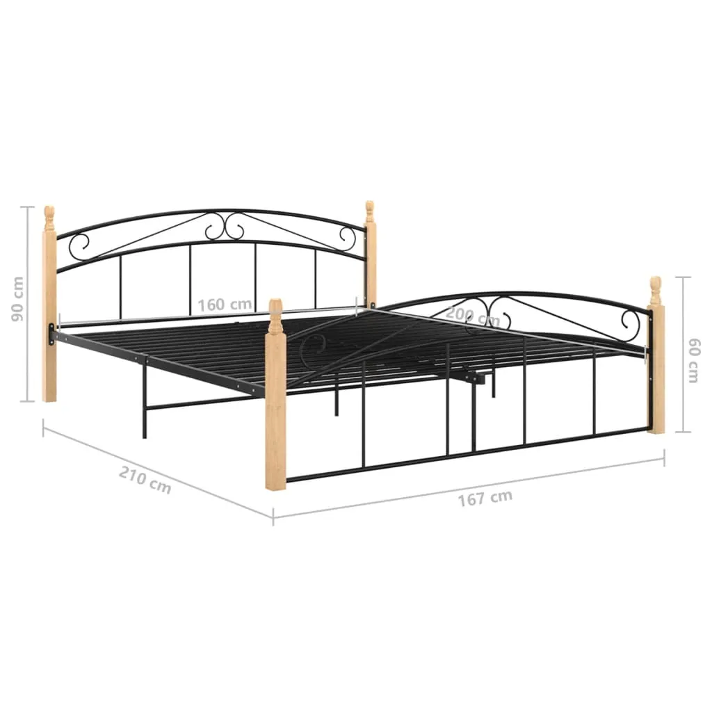 Bed Frame Black Metal and Solid Oak Wood 160x200 cm