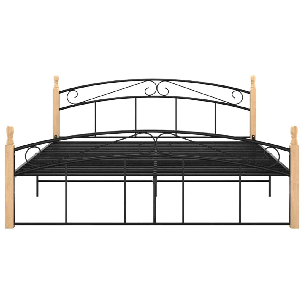 Bed Frame Black Metal and Solid Oak Wood 160x200 cm