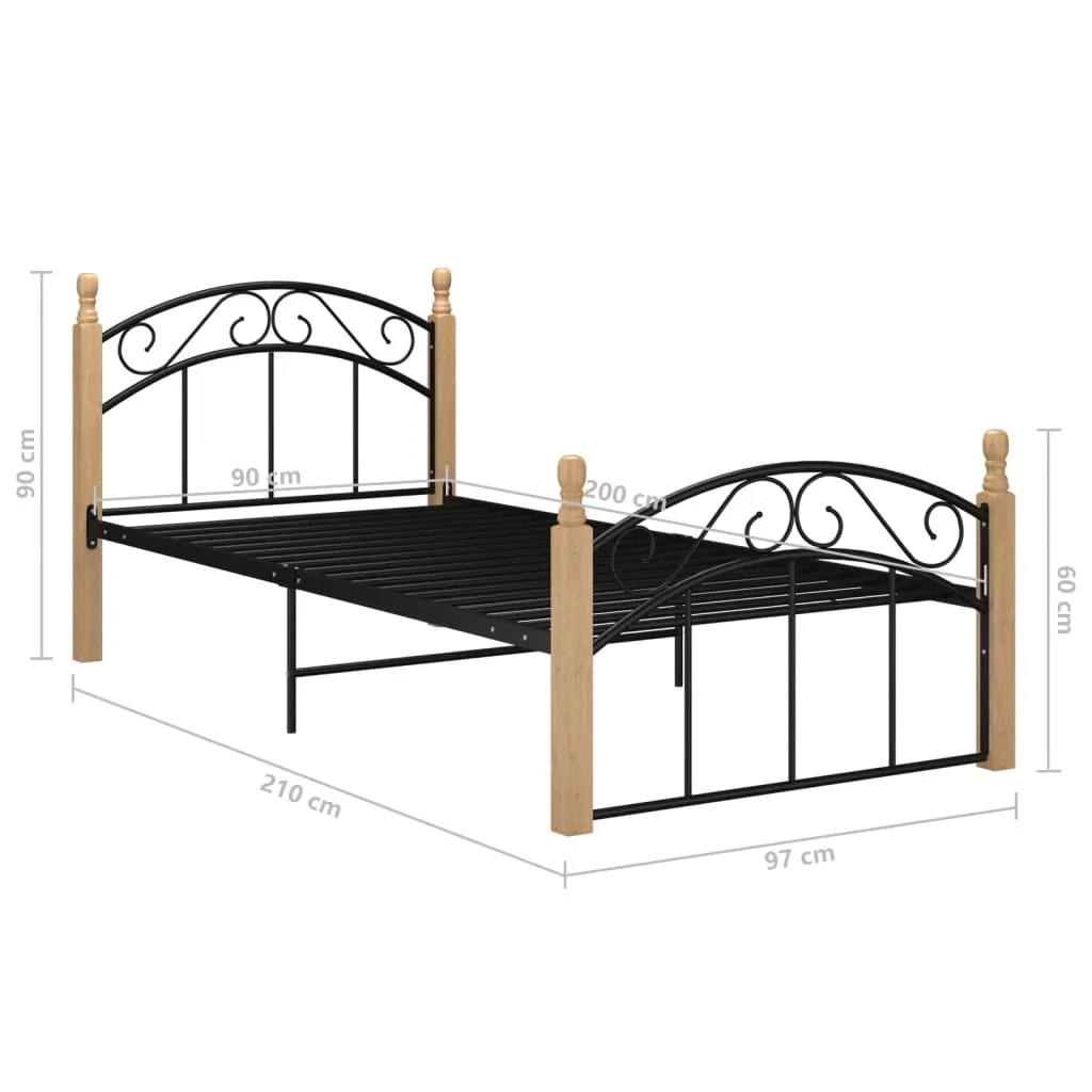Bed Frame Black Metal and Solid Oak Wood 90x200 cm