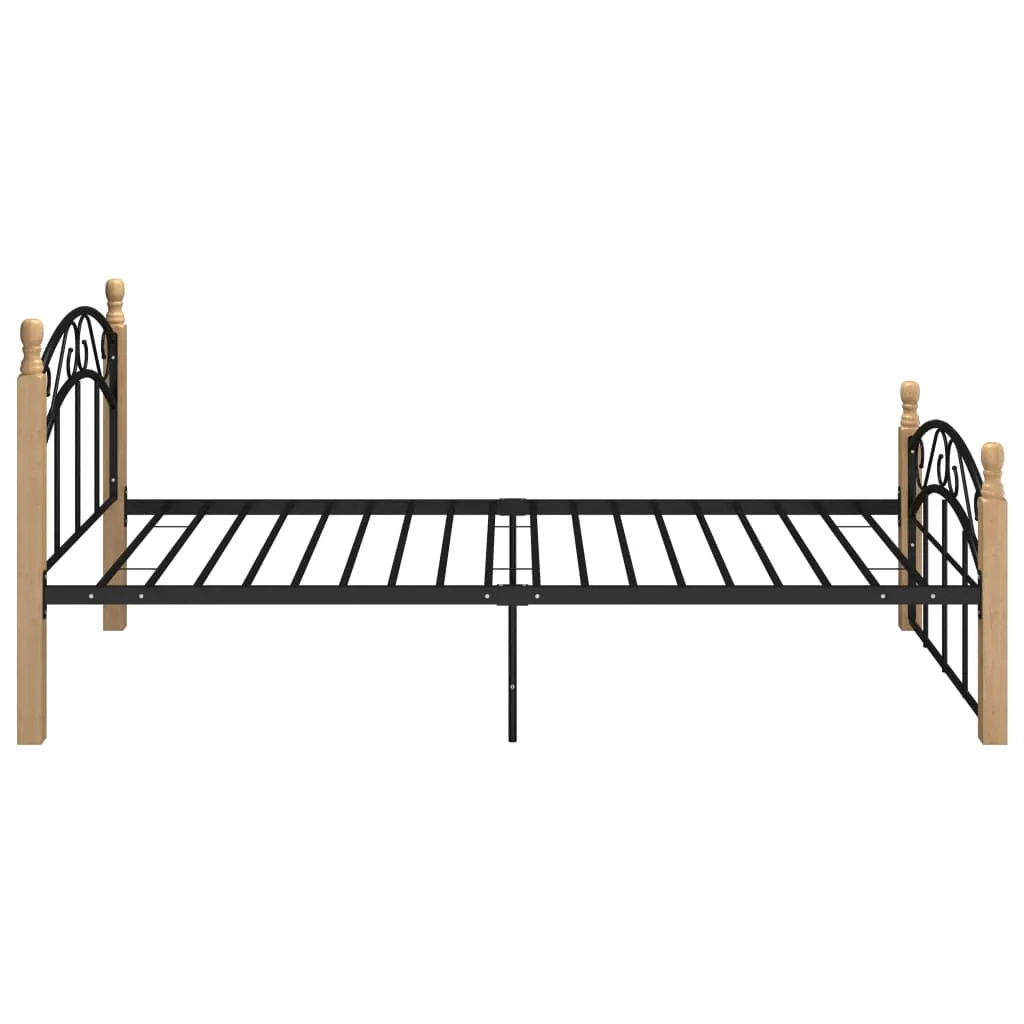 Bed Frame Black Metal and Solid Oak Wood 90x200 cm