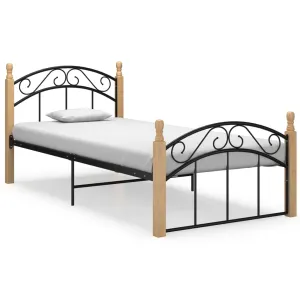 Bed Frame Black Metal and Solid Oak Wood 90x200 cm