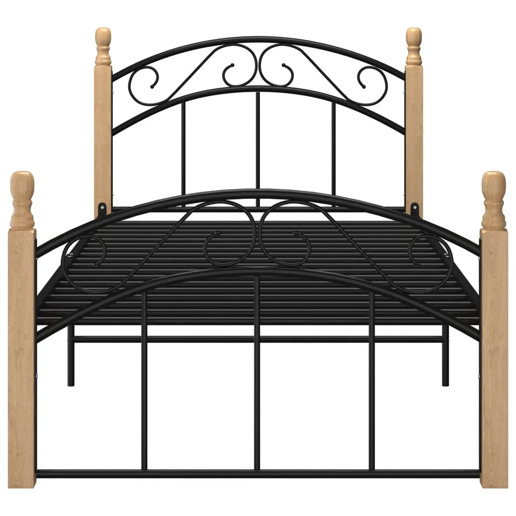Bed Frame Black Metal and Solid Oak Wood 90x200 cm