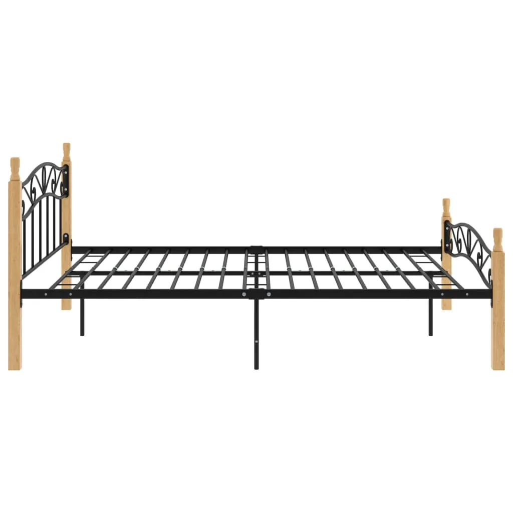 Bed Frame without Mattress Black Metal&Solid Oak Wood 160x200 cm