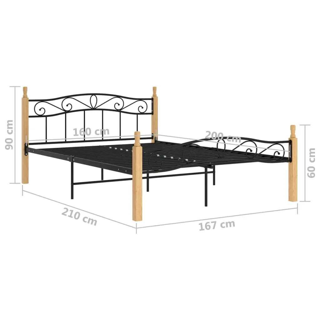 Bed Frame without Mattress Black Metal&Solid Oak Wood 160x200 cm