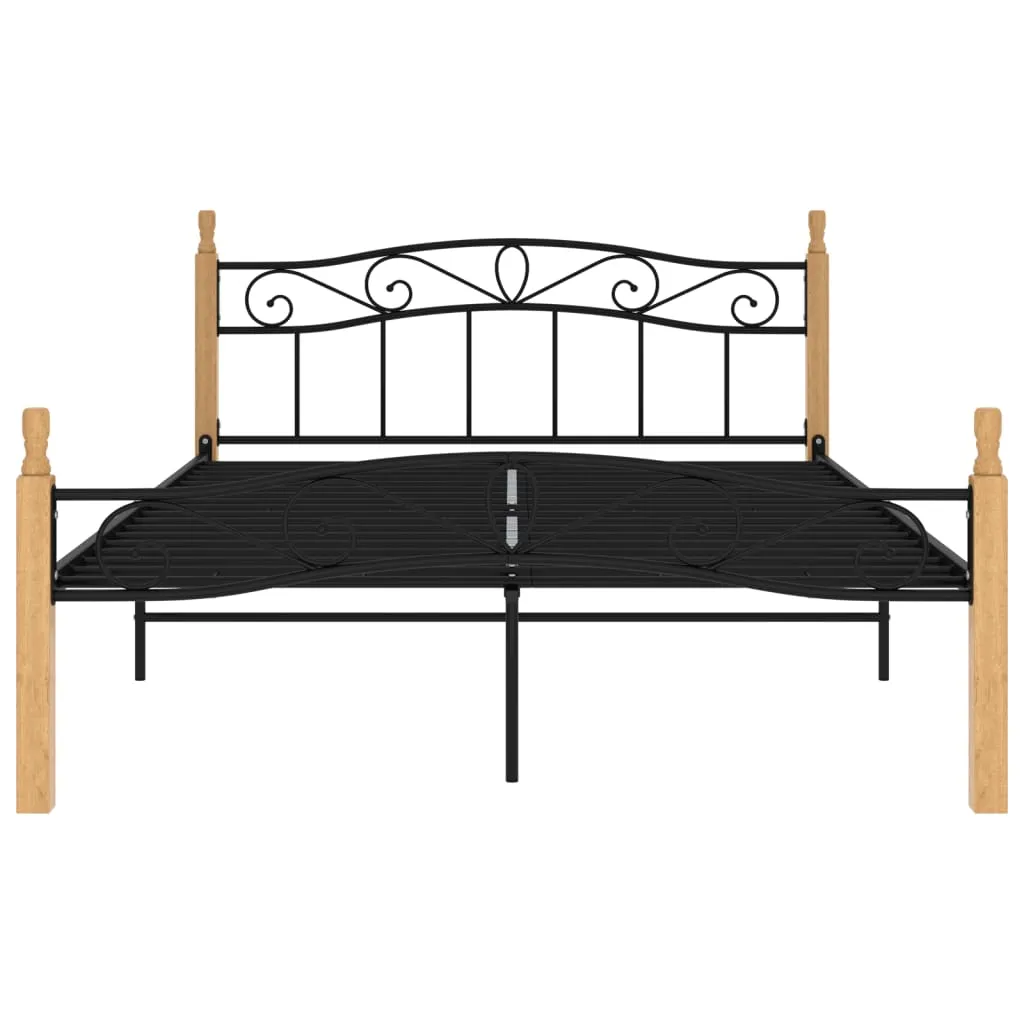 Bed Frame without Mattress Black Metal&Solid Oak Wood 160x200 cm