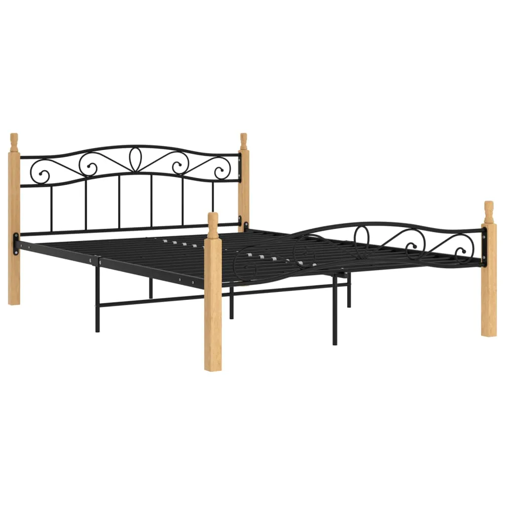 Bed Frame without Mattress Black Metal&Solid Oak Wood 160x200 cm