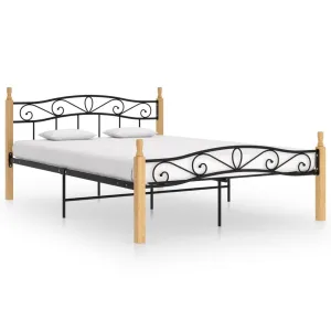 Bed Frame without Mattress Black Metal&Solid Oak Wood 160x200 cm