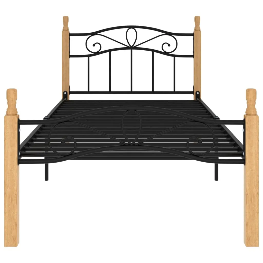 Bed Frame without Mattress Black Metal&Solid Oak Wood 90x200 cm
