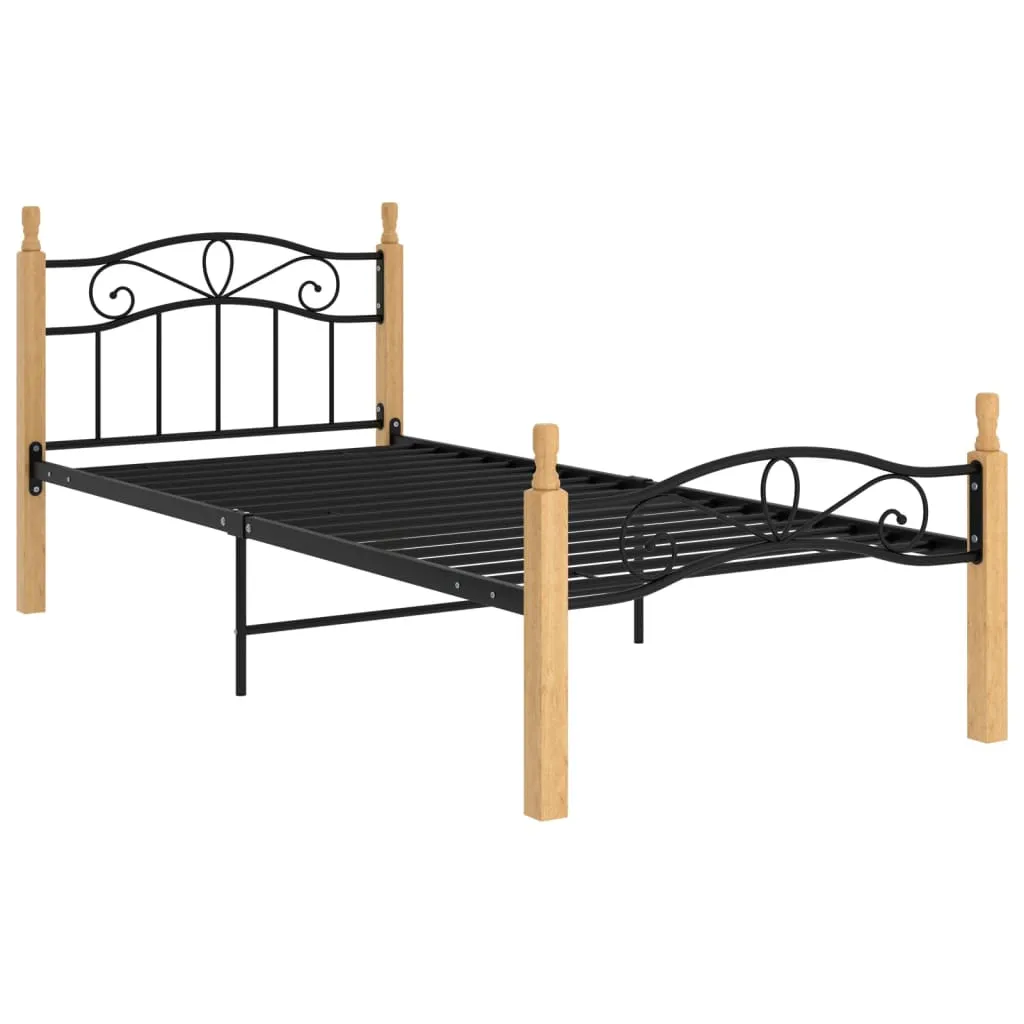Bed Frame without Mattress Black Metal&Solid Oak Wood 90x200 cm