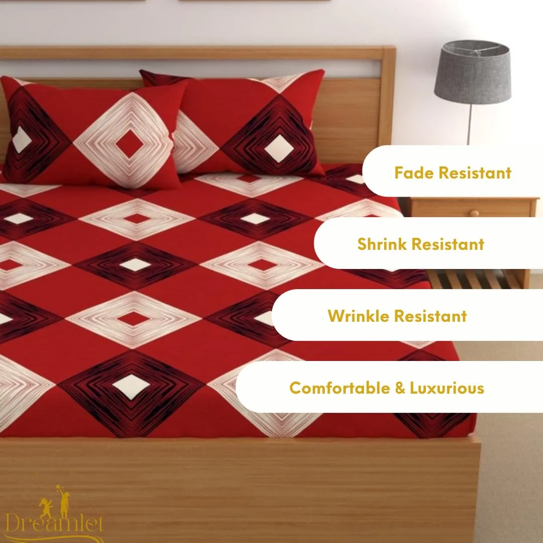 DREAMLET Bedsheet for Double Bed, Double Bedsheet Glace Cotton, Double Bedsheet,Elastic Fitted Bedsheets Double Bed Size, 160 TC Glace Cotton Bedsheet with 2 Pillow Covers (Red and Black, Double)