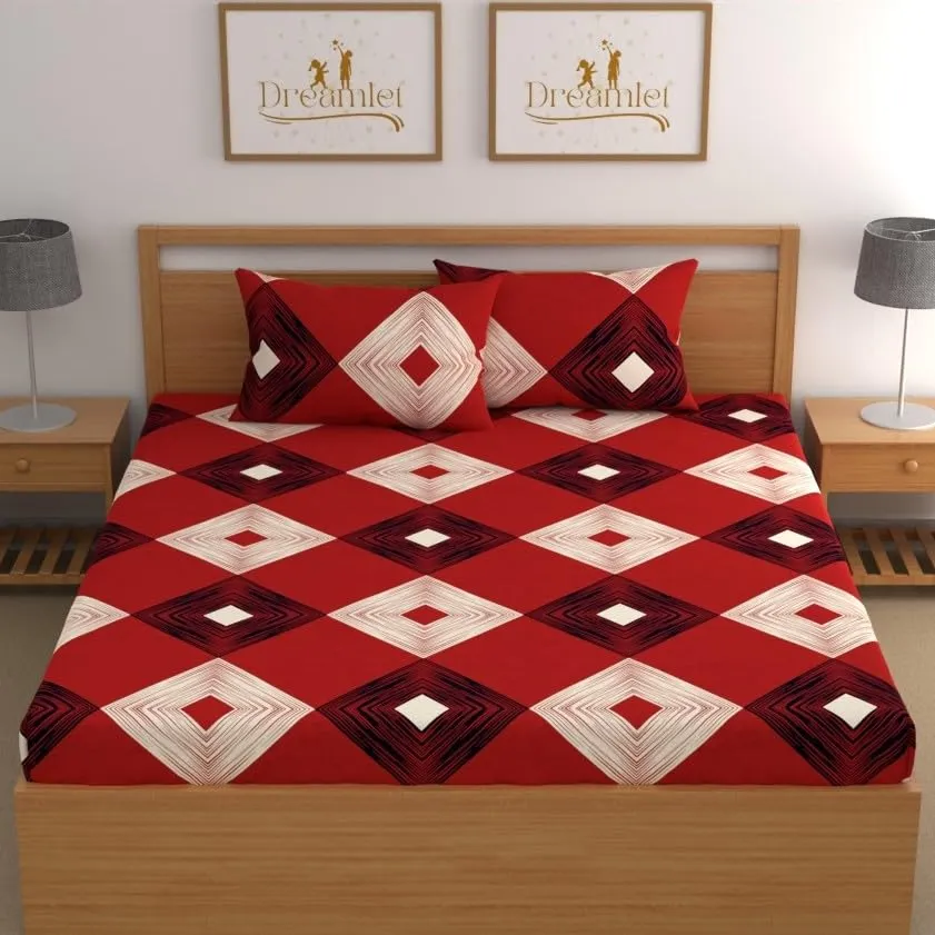 DREAMLET Bedsheet for Double Bed, Double Bedsheet Glace Cotton, Double Bedsheet,Elastic Fitted Bedsheets Double Bed Size, 160 TC Glace Cotton Bedsheet with 2 Pillow Covers (Red and Black, Double)