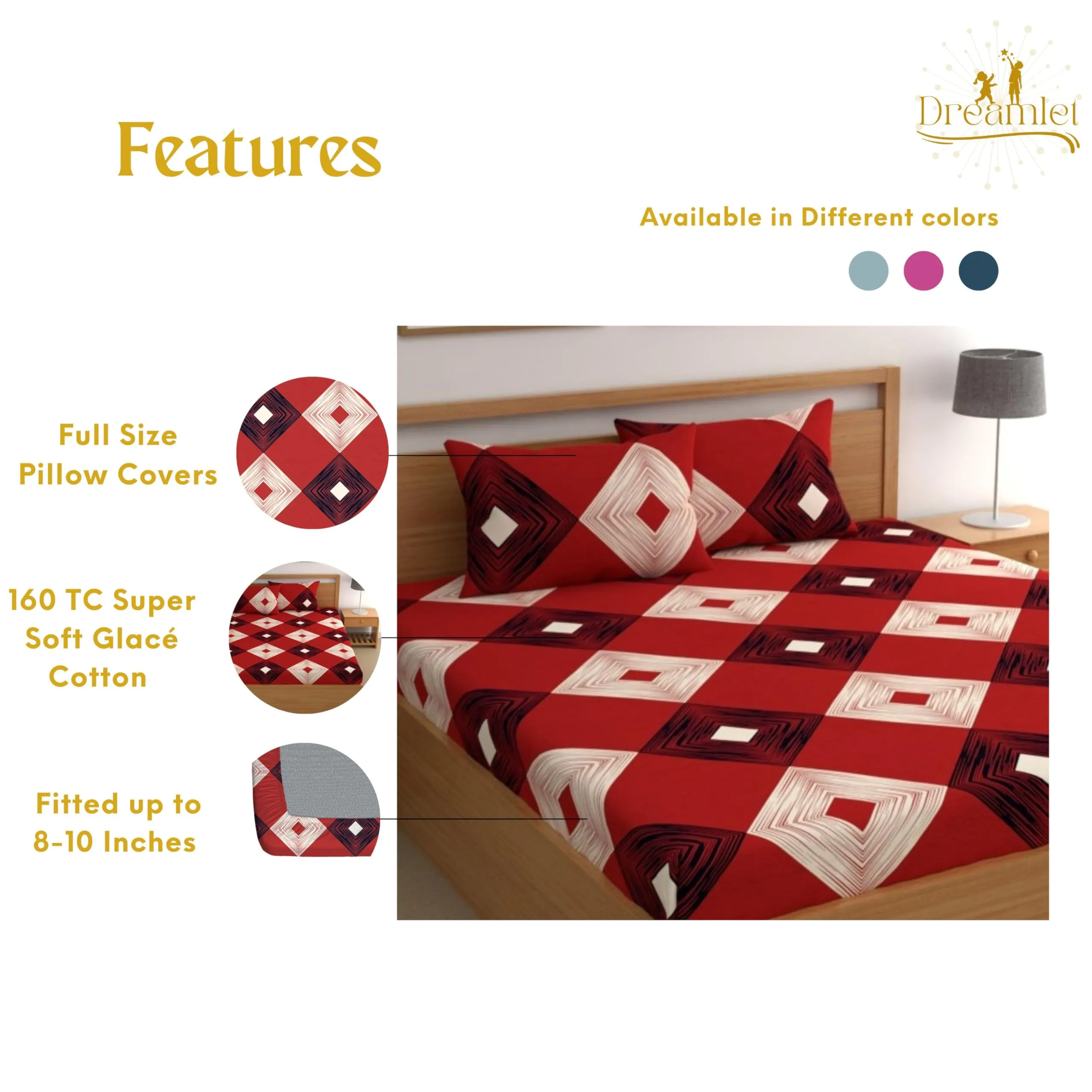 DREAMLET Bedsheet for Double Bed, Double Bedsheet Glace Cotton, Double Bedsheet,Elastic Fitted Bedsheets Double Bed Size, 160 TC Glace Cotton Bedsheet with 2 Pillow Covers (Red and Black, Double)