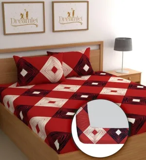 DREAMLET Bedsheet for Double Bed, Double Bedsheet Glace Cotton, Double Bedsheet,Elastic Fitted Bedsheets Double Bed Size, 160 TC Glace Cotton Bedsheet with 2 Pillow Covers (Red and Black, Double)