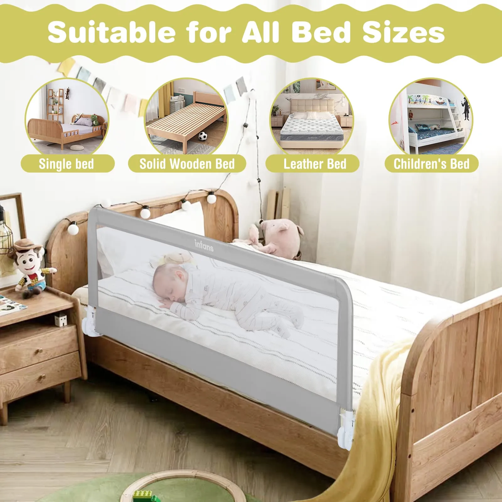 INFANS Bed Rails for Toddlers, Foldable Safety Baby Crib Rail Fit for Kids Twin, Extra Long Swing Down Bed Guardrail