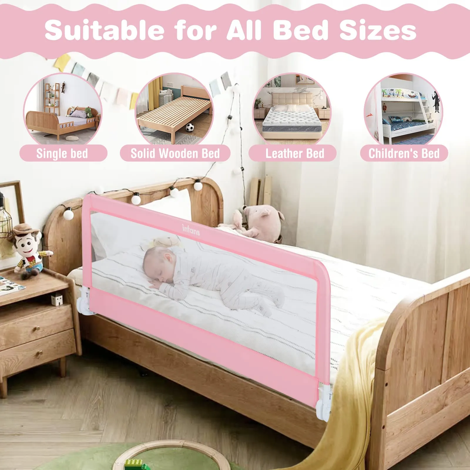 INFANS Bed Rails for Toddlers, Foldable Safety Baby Crib Rail Fit for Kids Twin, Extra Long Swing Down Bed Guardrail