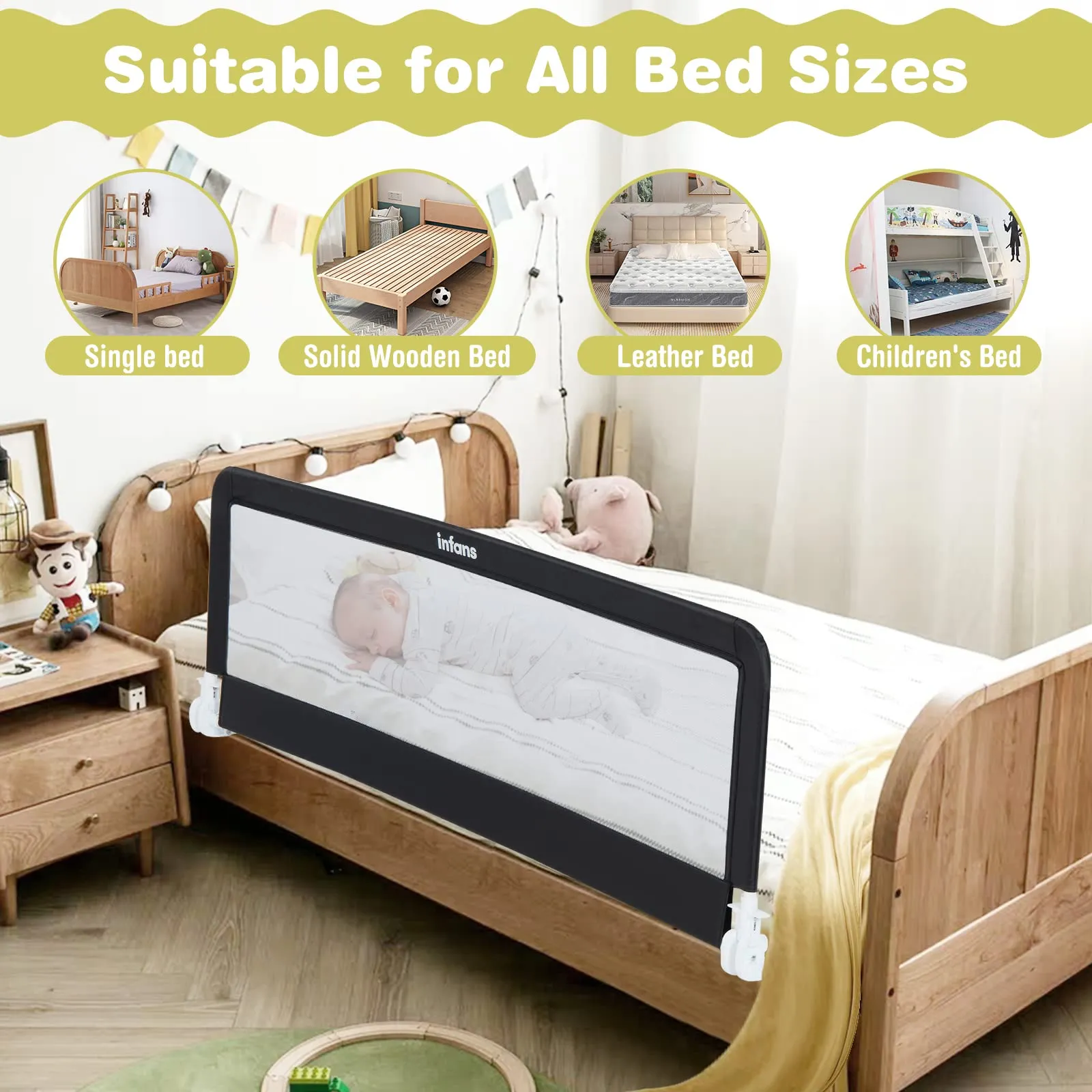 INFANS Bed Rails for Toddlers, Foldable Safety Baby Crib Rail Fit for Kids Twin, Extra Long Swing Down Bed Guardrail