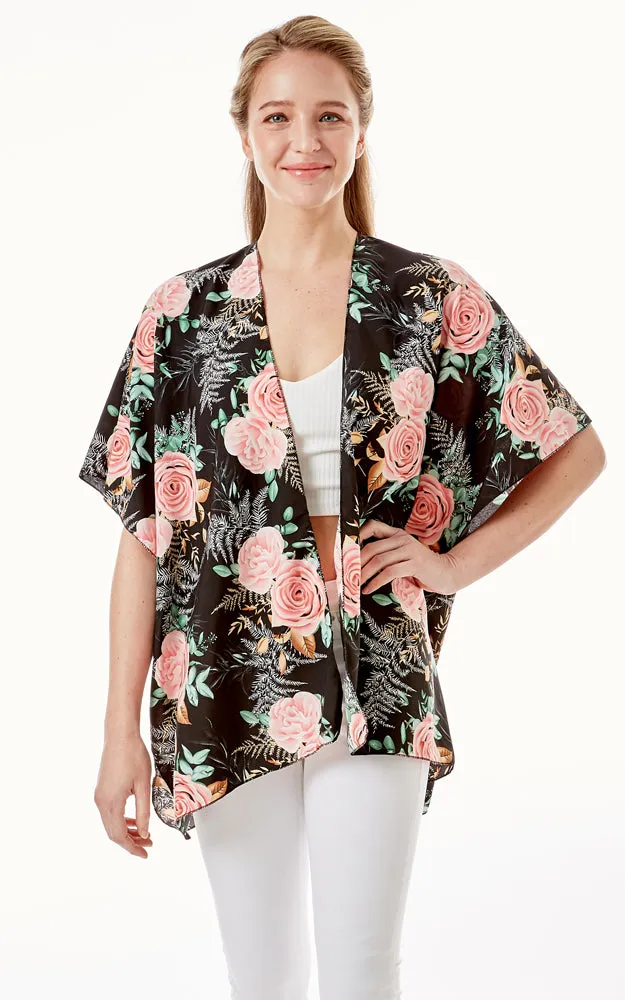 LOF1274 Rose Print Cover Up Kimono