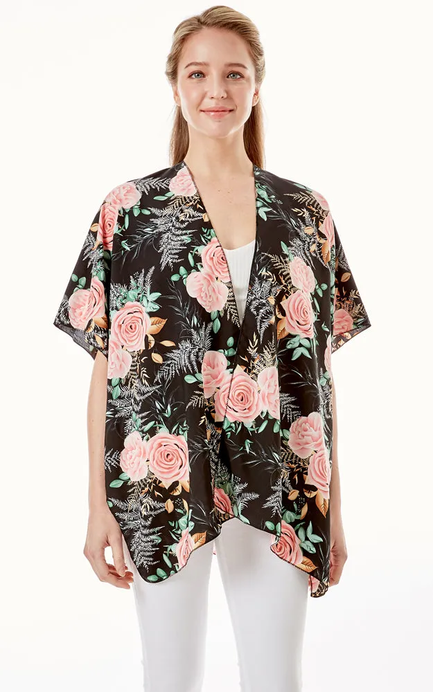 LOF1274 Rose Print Cover Up Kimono