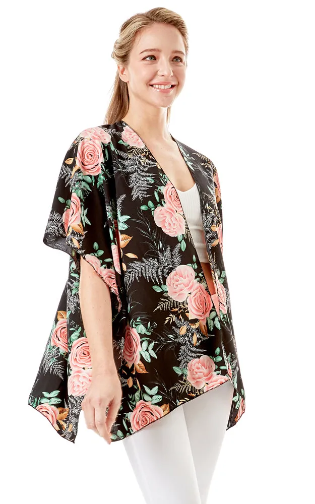 LOF1274 Rose Print Cover Up Kimono