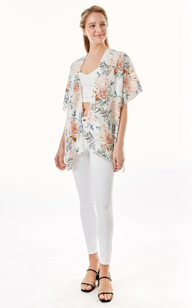 LOF1274 Rose Print Cover Up Kimono