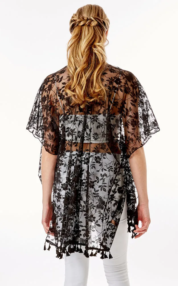 LOF1276 Floral Sheer Lace Cover Up Kimono w/Tassels