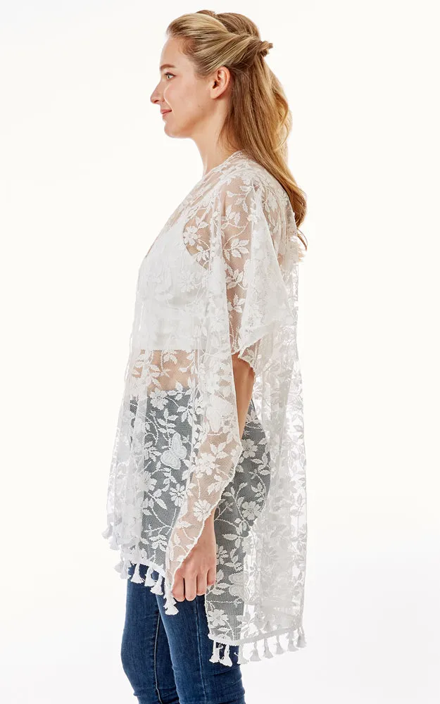 LOF1276 Floral Sheer Lace Cover Up Kimono w/Tassels