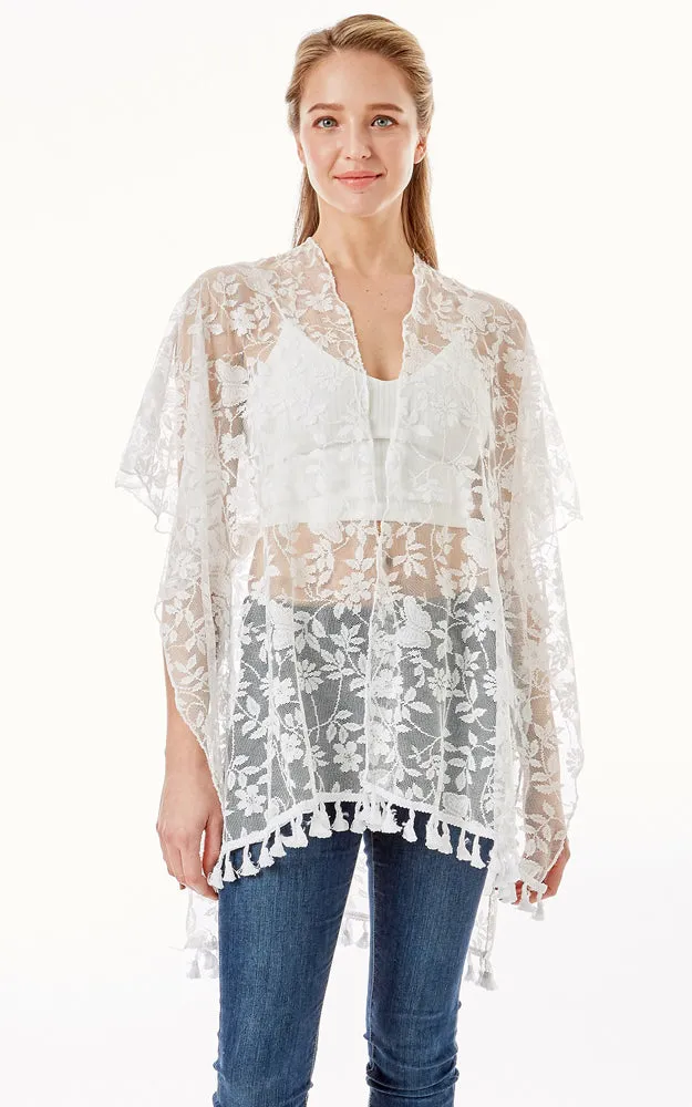 LOF1276 Floral Sheer Lace Cover Up Kimono w/Tassels