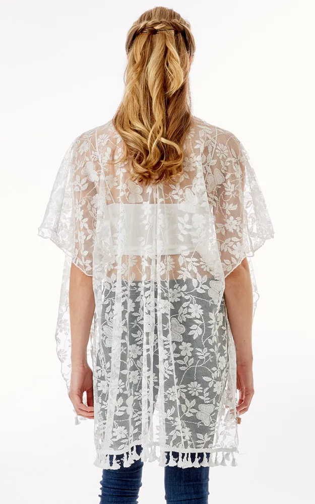 LOF1276 Floral Sheer Lace Cover Up Kimono w/Tassels