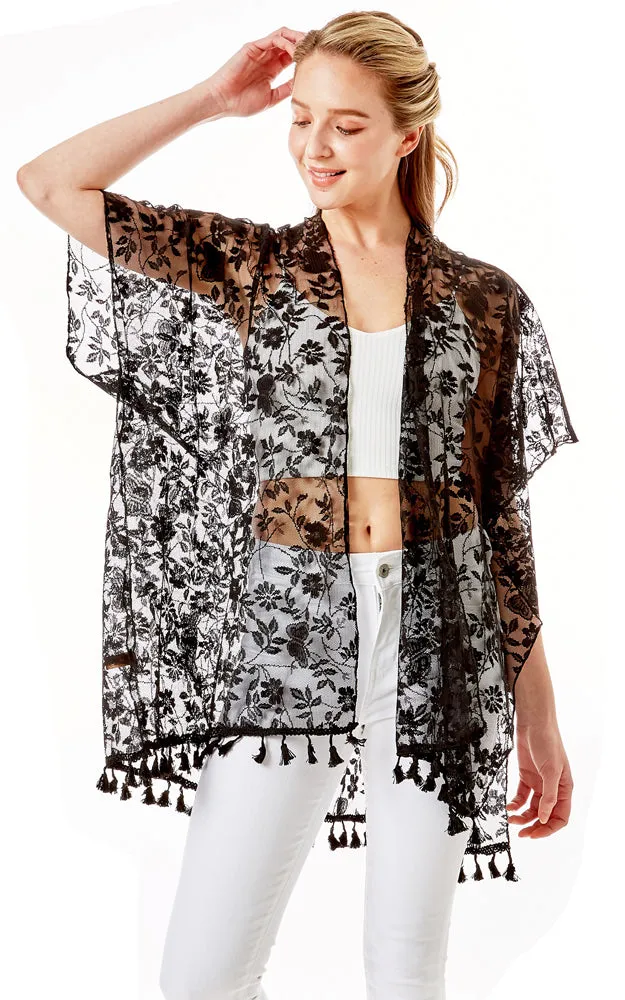 LOF1276 Floral Sheer Lace Cover Up Kimono w/Tassels