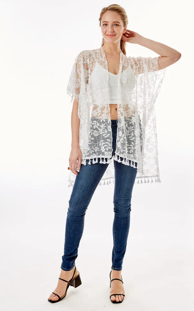 LOF1276 Floral Sheer Lace Cover Up Kimono w/Tassels