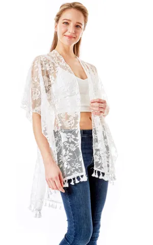 LOF1276 Floral Sheer Lace Cover Up Kimono w/Tassels