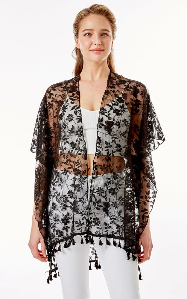 LOF1276 Floral Sheer Lace Cover Up Kimono w/Tassels