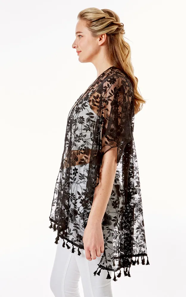 LOF1276 Floral Sheer Lace Cover Up Kimono w/Tassels