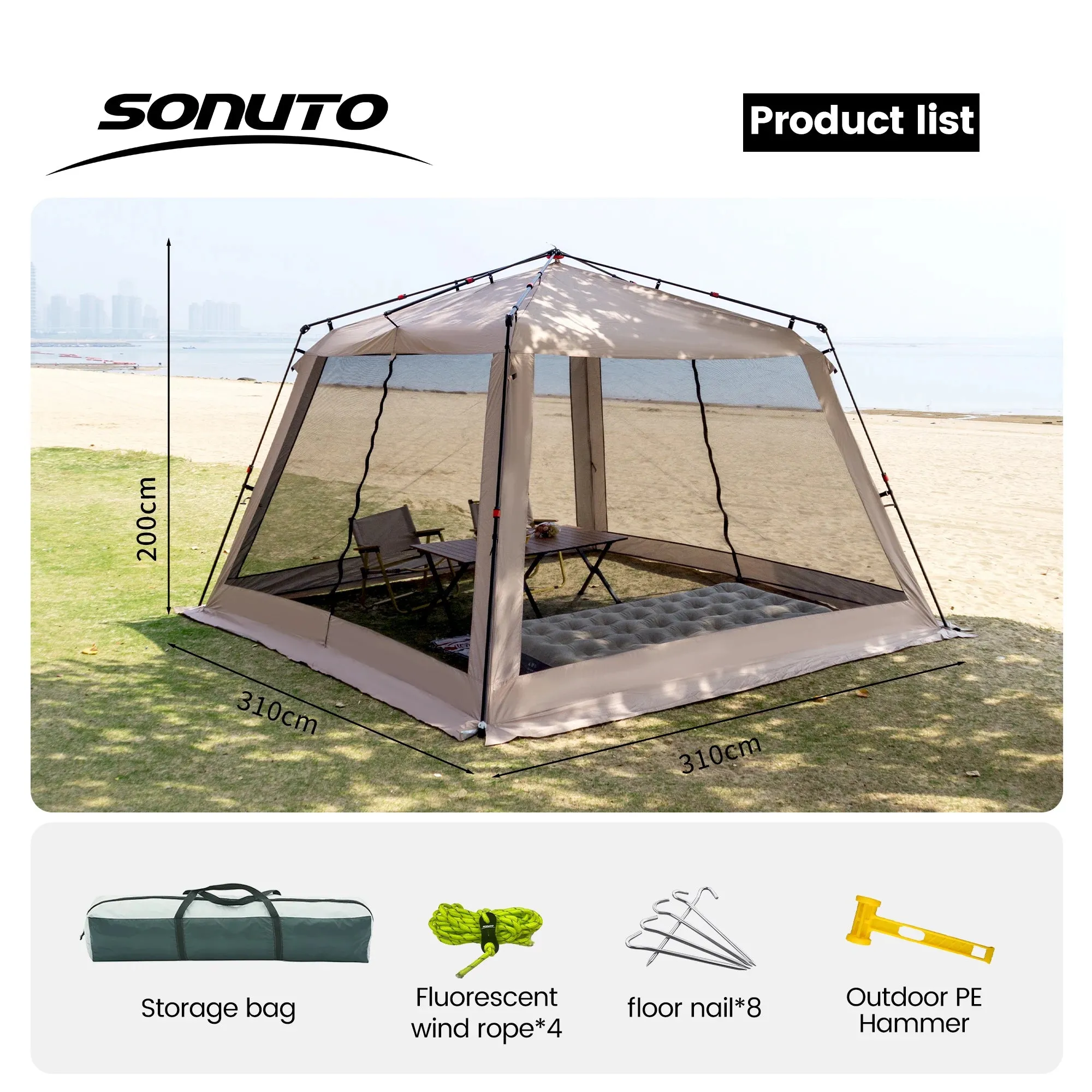 Sonuto Outdoor Canopy Tent Automatic Quick-Opening Aluminum Pole Camping Rainproof Beach Fishing Mosquito Net Sunshade Pergola