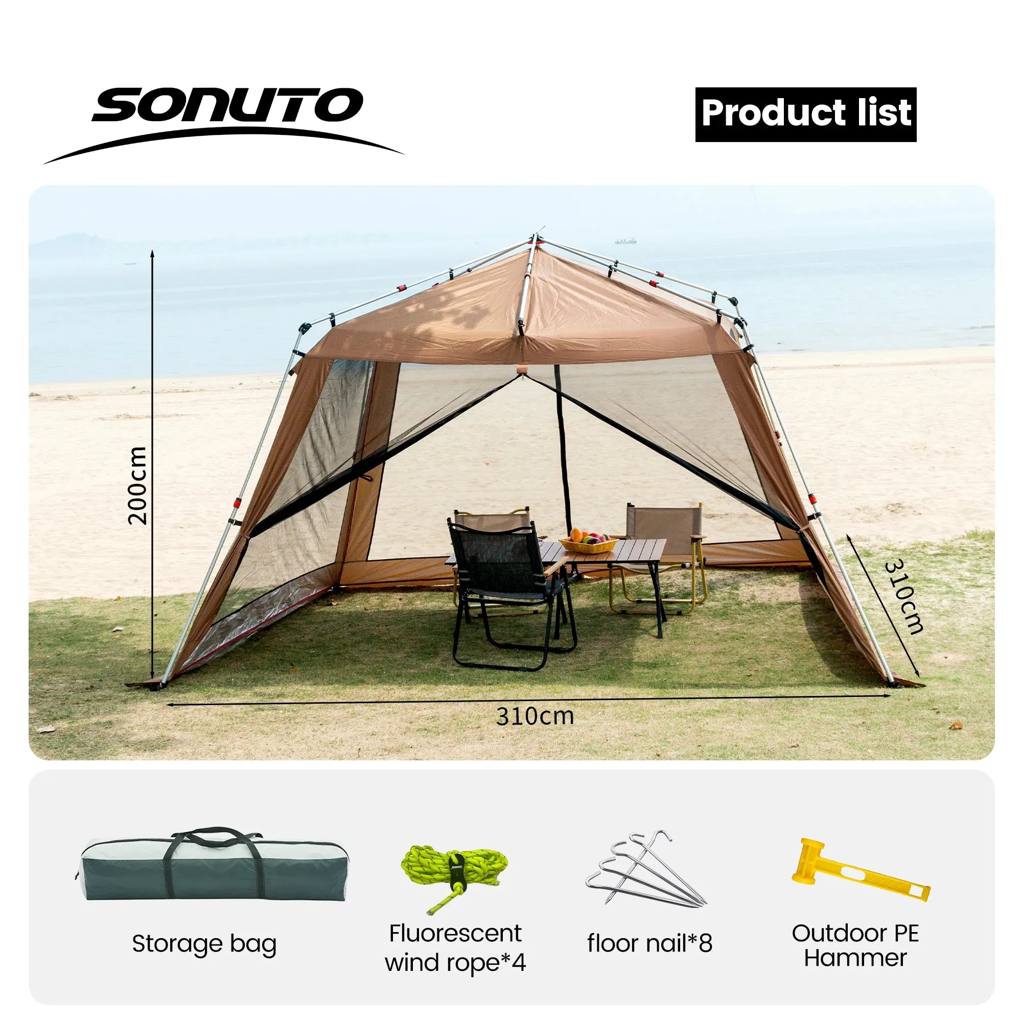 Sonuto Outdoor Canopy Tent Automatic Quick-Opening Aluminum Pole Camping Rainproof Beach Fishing Mosquito Net Sunshade Pergola