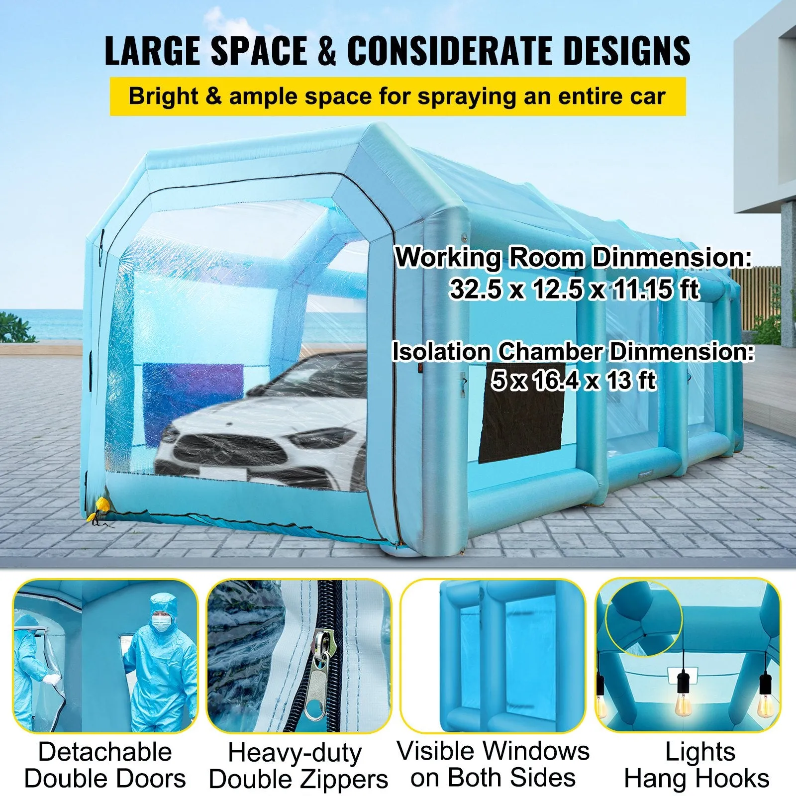 Vevor Inflatable Paint Booth 39.4' x 16.4' x 13.1' 1100W Inflation 950W Ventilation Blowers with Air Filtration System New