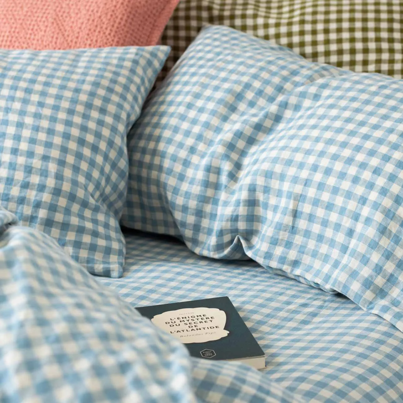 Warm Blue Gingham 100% Linen Fitted Sheet