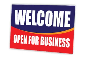 Welcome Open for Business Curbside Sign, 24"w x 18"h, Full Color Double Sided