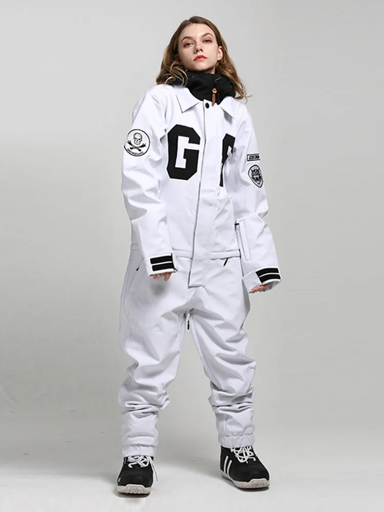 Women's White Winter Young Fashion 15K Waterproof One Piece Snowboard Suits