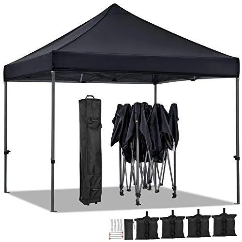YAHEETECH 10x10 Pop up Canopy Tent - Heavy Duty Waterproof Adjustable Commercial Instant Canopy, Camping Canopy with Wheeled Bag, Canopy Sandbags x4, Tent Stakesx4 - Black